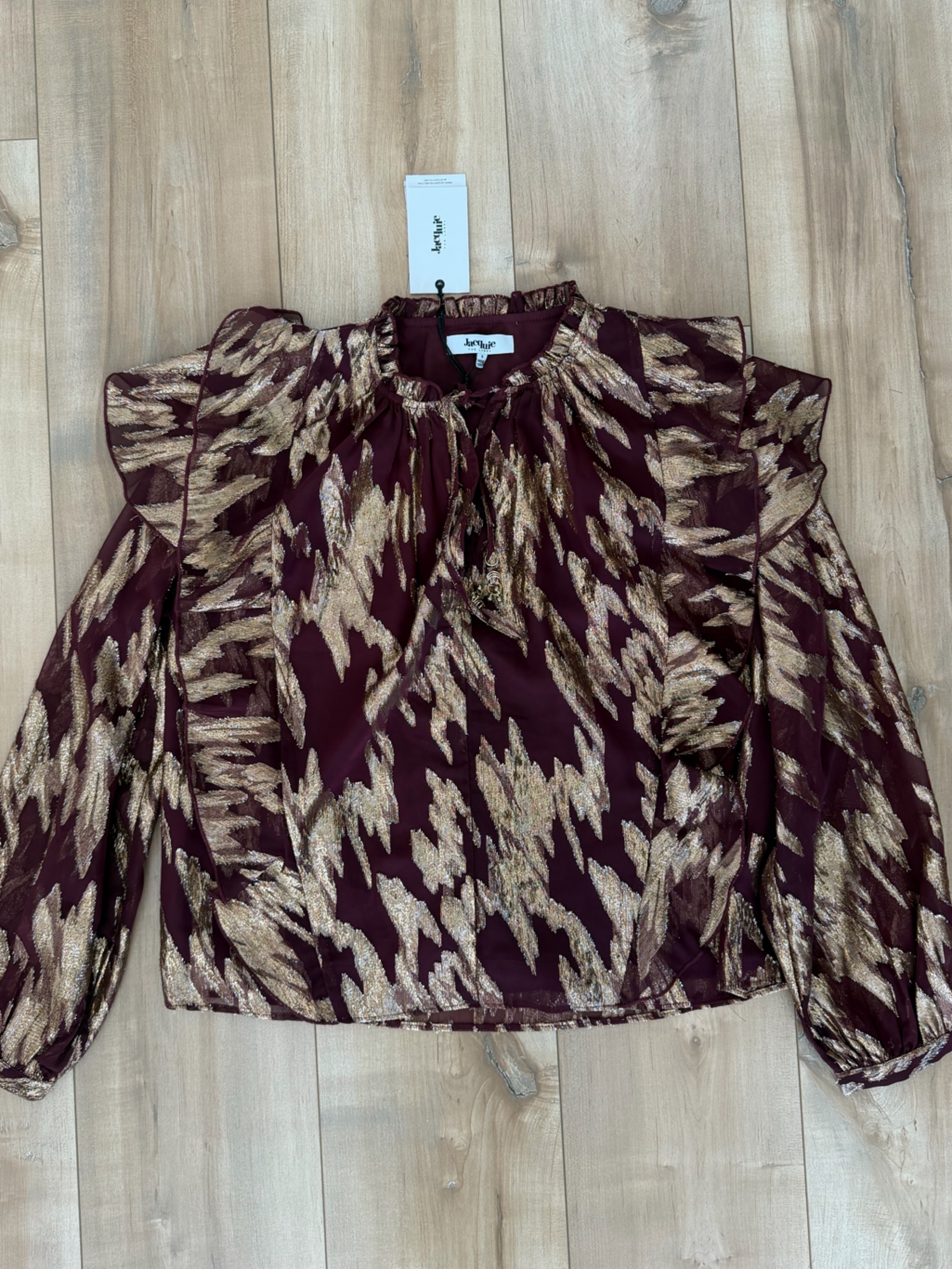 Jacqui E Burgundy And Gold Metallic Ruffle Shoulder Blouse